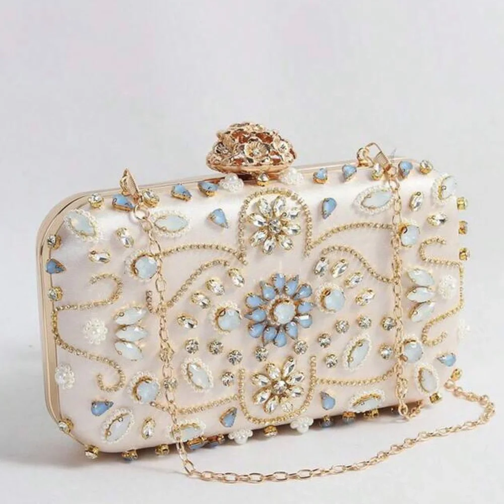 Embellished Ivory Crystal Evening Clutch with Gold Chain